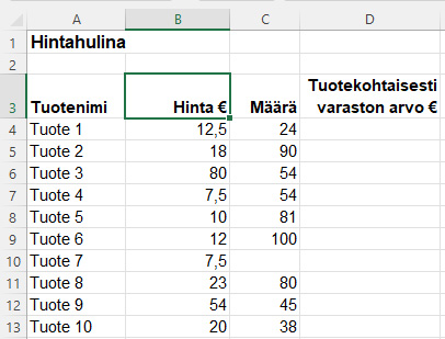Liikkuminen tietoalueella Excelissä