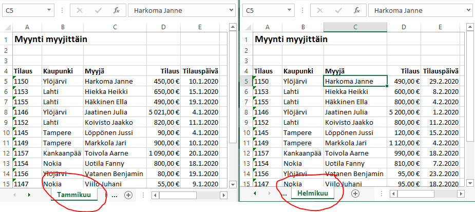 Kaksi saman työkirjan laskentataulukkoa rinnakkain Excelissä