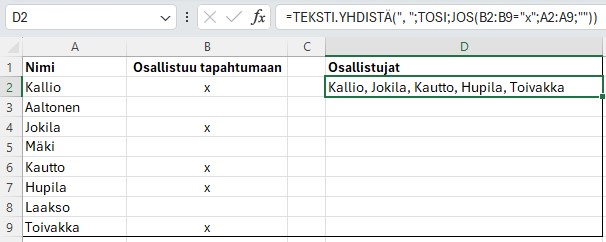 TEKSTI.YHDISTÄ -funktion avulla on yhdistetty usean alueen tekstejä. Apuna myös IF-funktio.