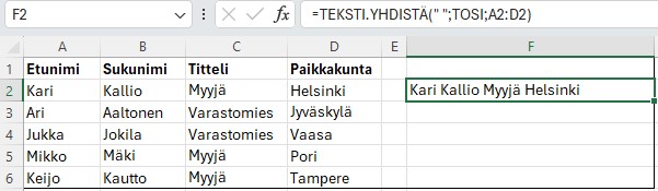 Tekstialueet on yhdistetty yhdeksi merkkijonoksi TEKSTI.YHDISTÄ-funktion avulla